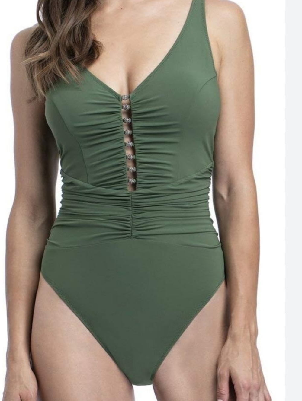 Profile by Gottex Olive Ruched One Piece Swimsuit M Beaded Slimming NWOT